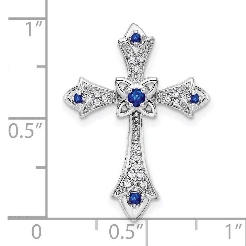 14k White Gold Round Sapphire and Diamond Fleur de Lis Cross Chain Slide