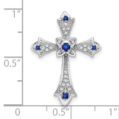 14k White Gold Round Sapphire and Diamond Fleur de Lis Cross Chain Slide