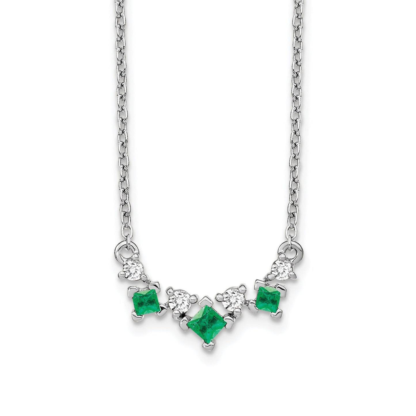 14k White Gold Princess Emerald and Diamond 18 inch Necklace