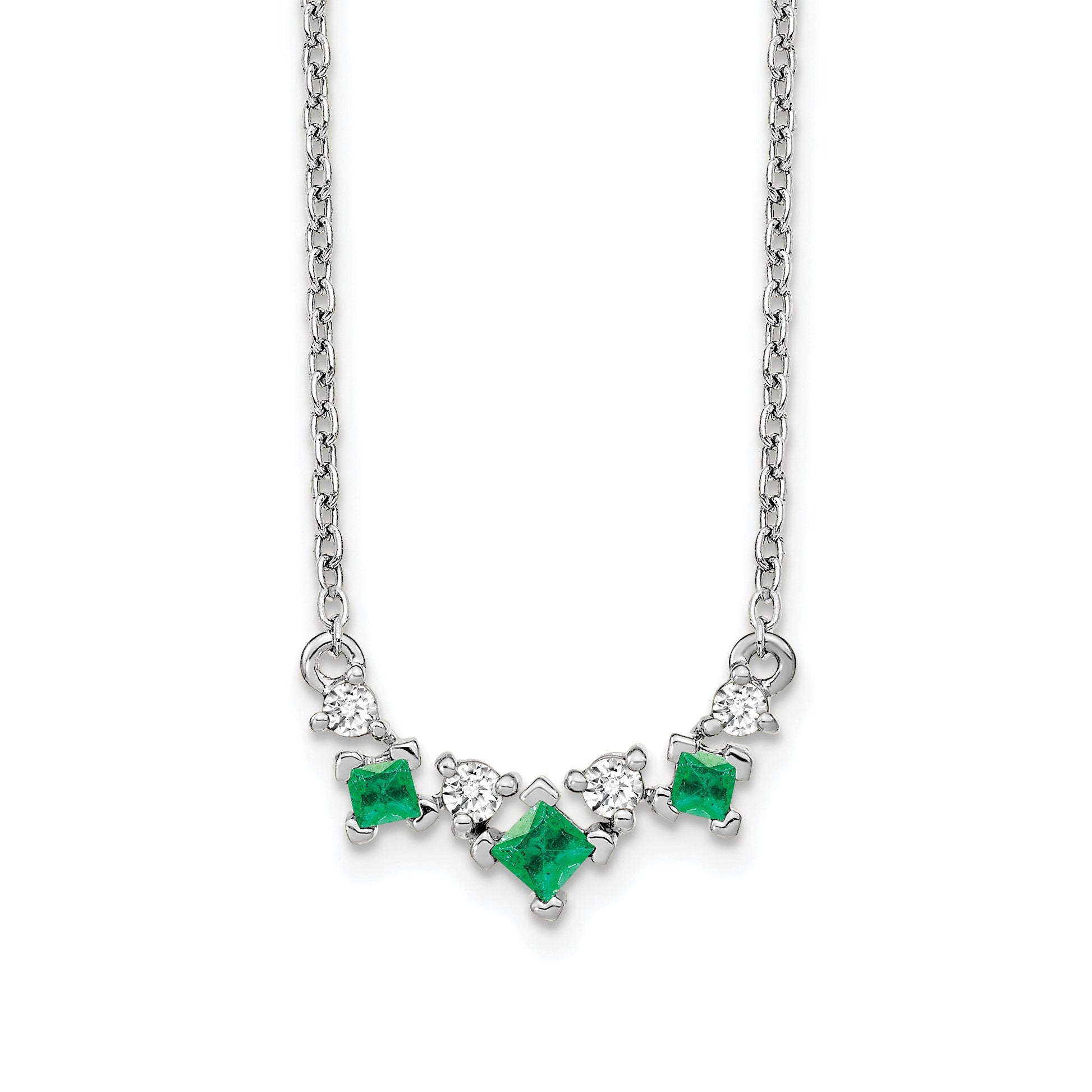 14k White Gold Princess Emerald and Diamond 18 inch Necklace