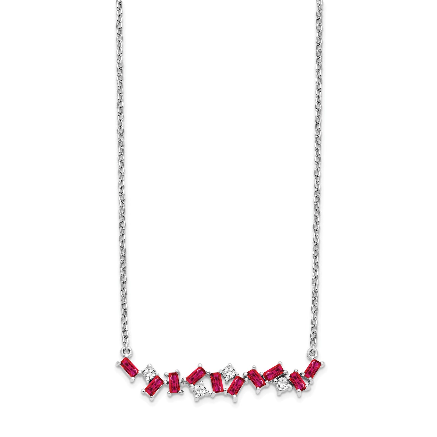 14k White Gold Octagon Ruby and Diamond 18 inch Bar Necklace