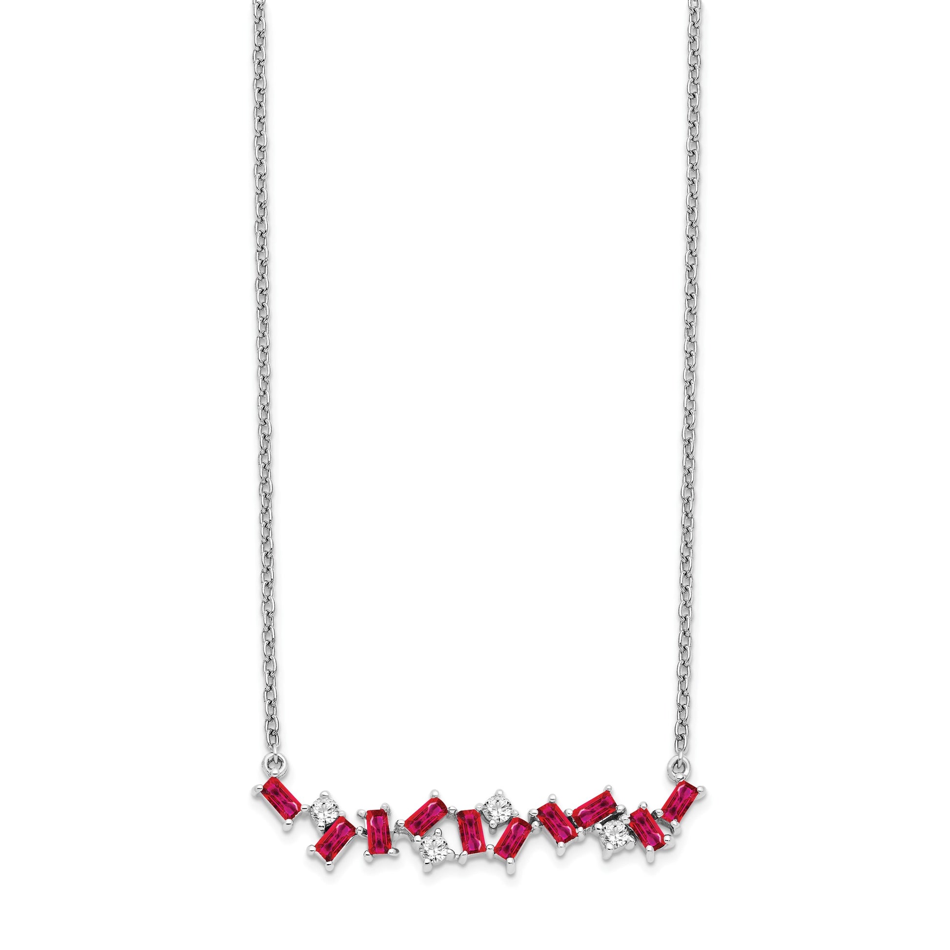 14k White Gold Octagon Ruby and Diamond 18 inch Bar Necklace