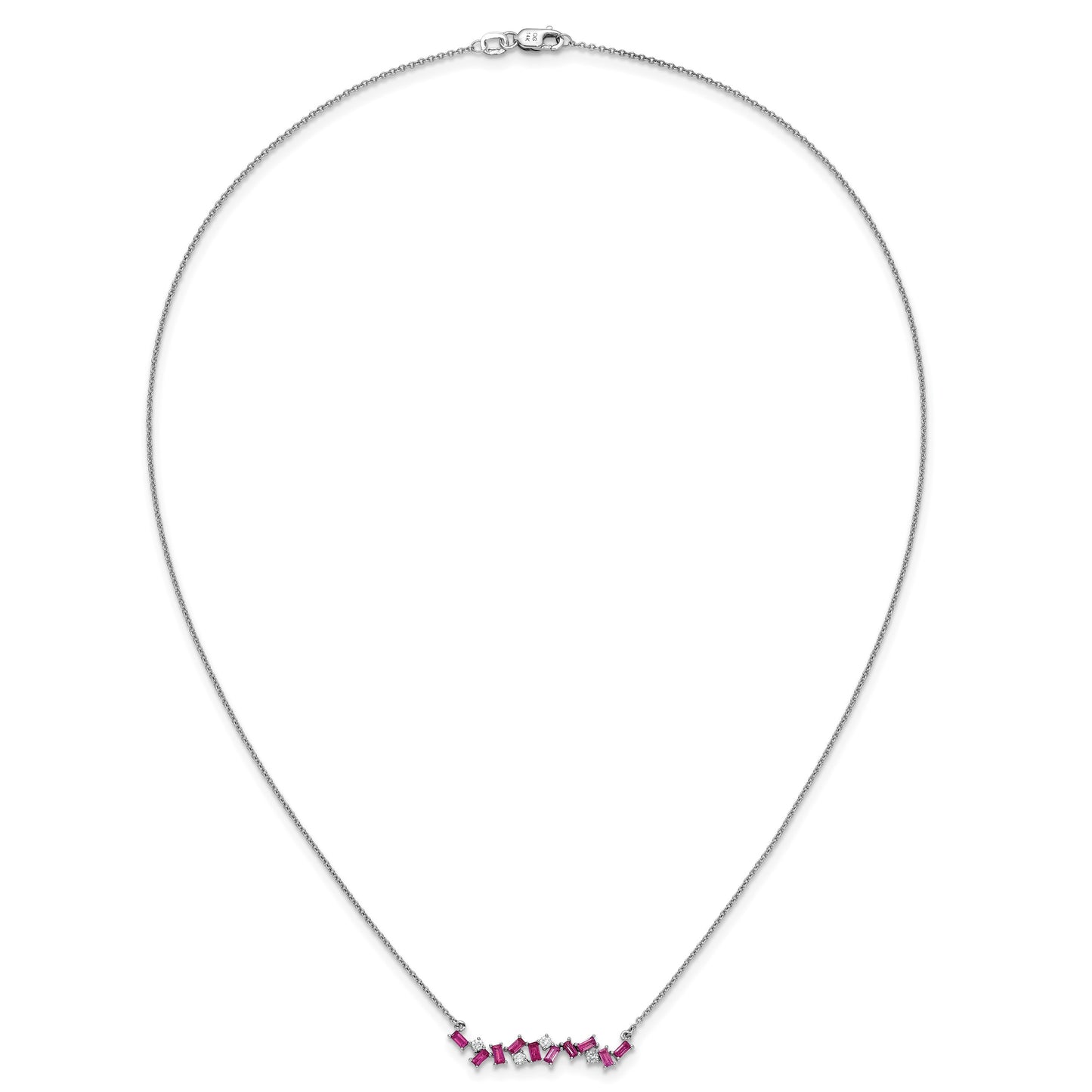 14k White Gold Octagon Ruby and Diamond 18 inch Bar Necklace