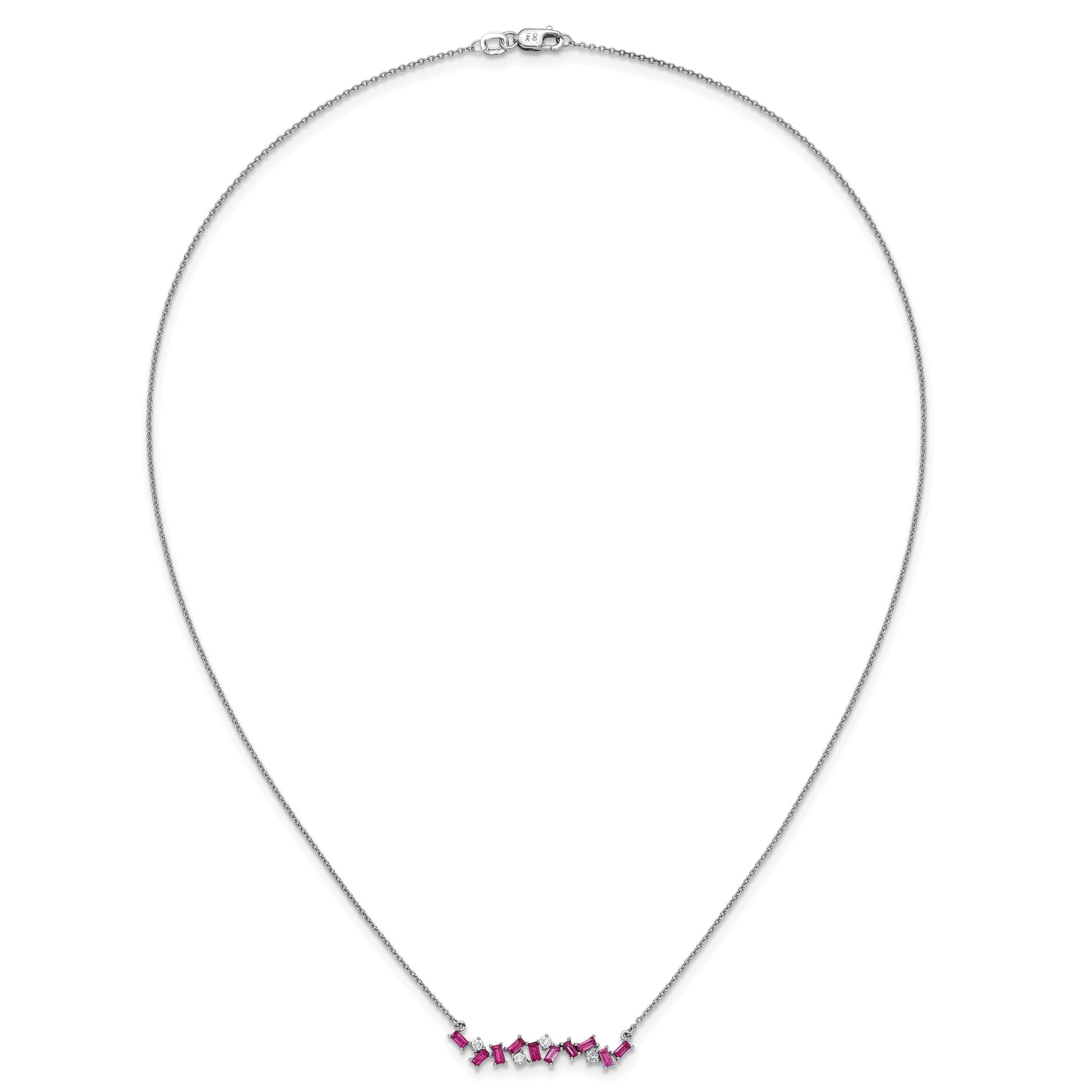14k White Gold Octagon Ruby and Diamond 18 inch Bar Necklace