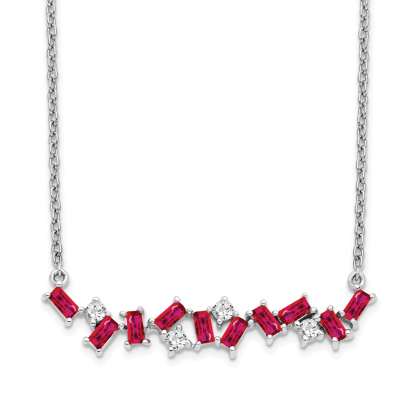 14k White Gold Octagon Ruby and Diamond 18 inch Bar Necklace