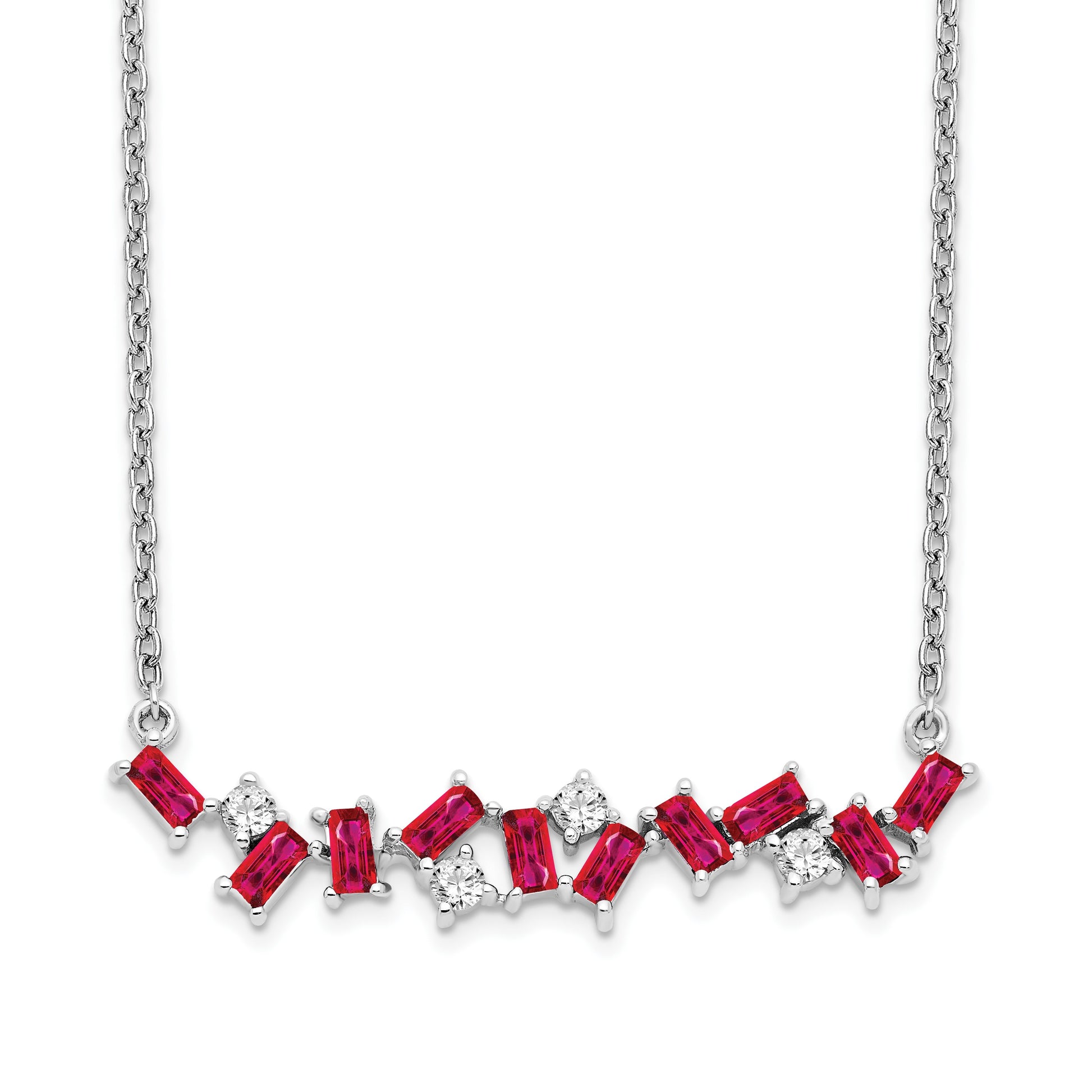 14k White Gold Octagon Ruby and Diamond 18 inch Bar Necklace