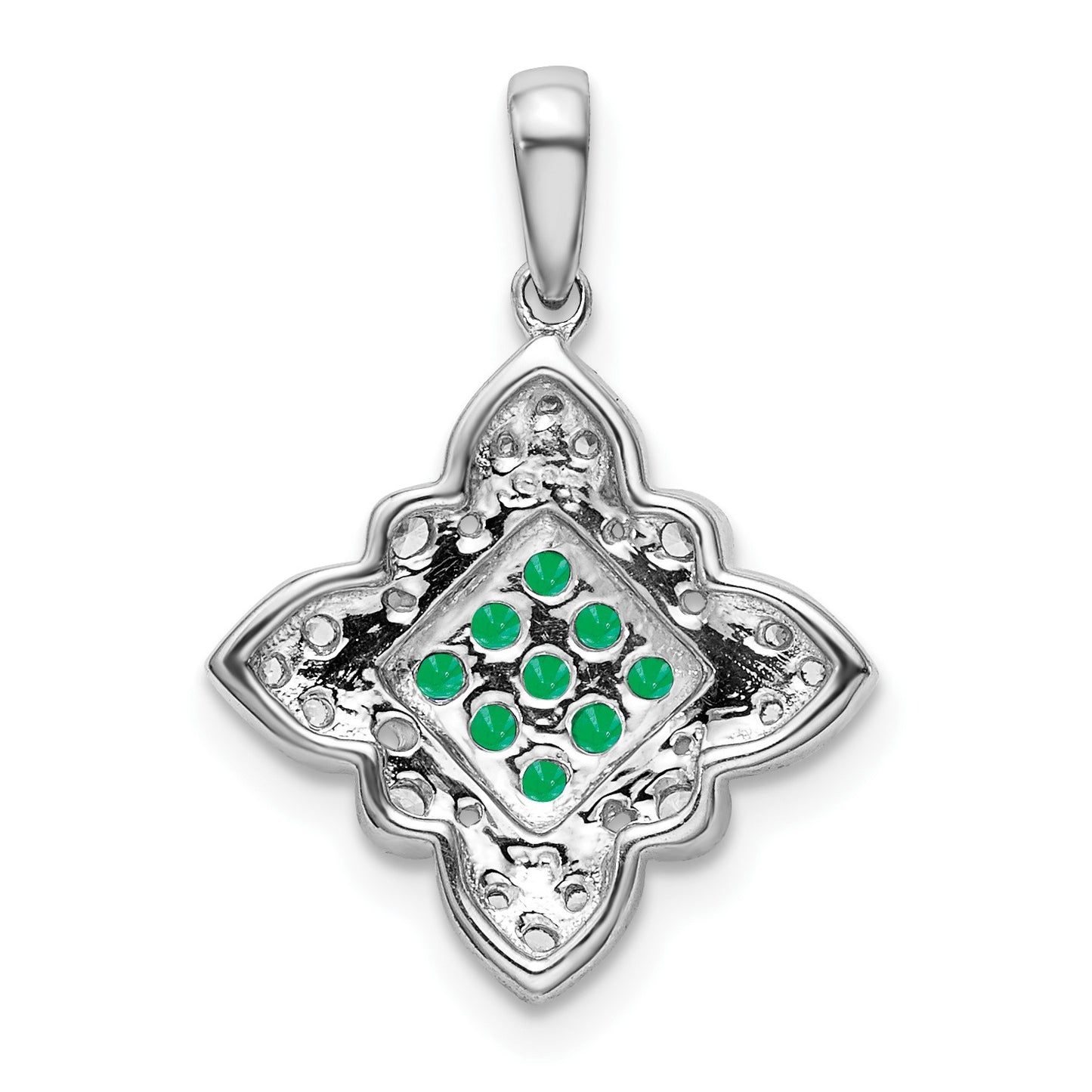 14k White Gold Emerald Cluster and Diamond Vintage Pendant