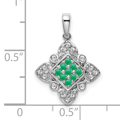 14k White Gold Emerald Cluster and Diamond Vintage Pendant