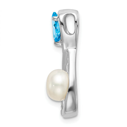 14k White Gold 6x4mm Pear Blue Topaz/Freshwater Cultured Pearl/Diamond Infinity Chain Slide