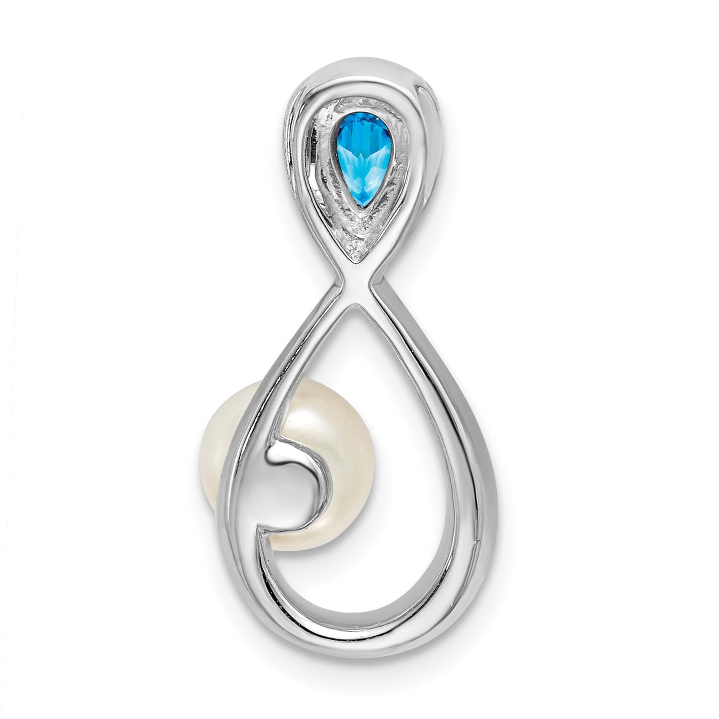 14k White Gold 6x4mm Pear Blue Topaz/Freshwater Cultured Pearl/Diamond Infinity Chain Slide