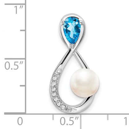 14k White Gold 6x4mm Pear Blue Topaz/Freshwater Cultured Pearl/Diamond Infinity Chain Slide