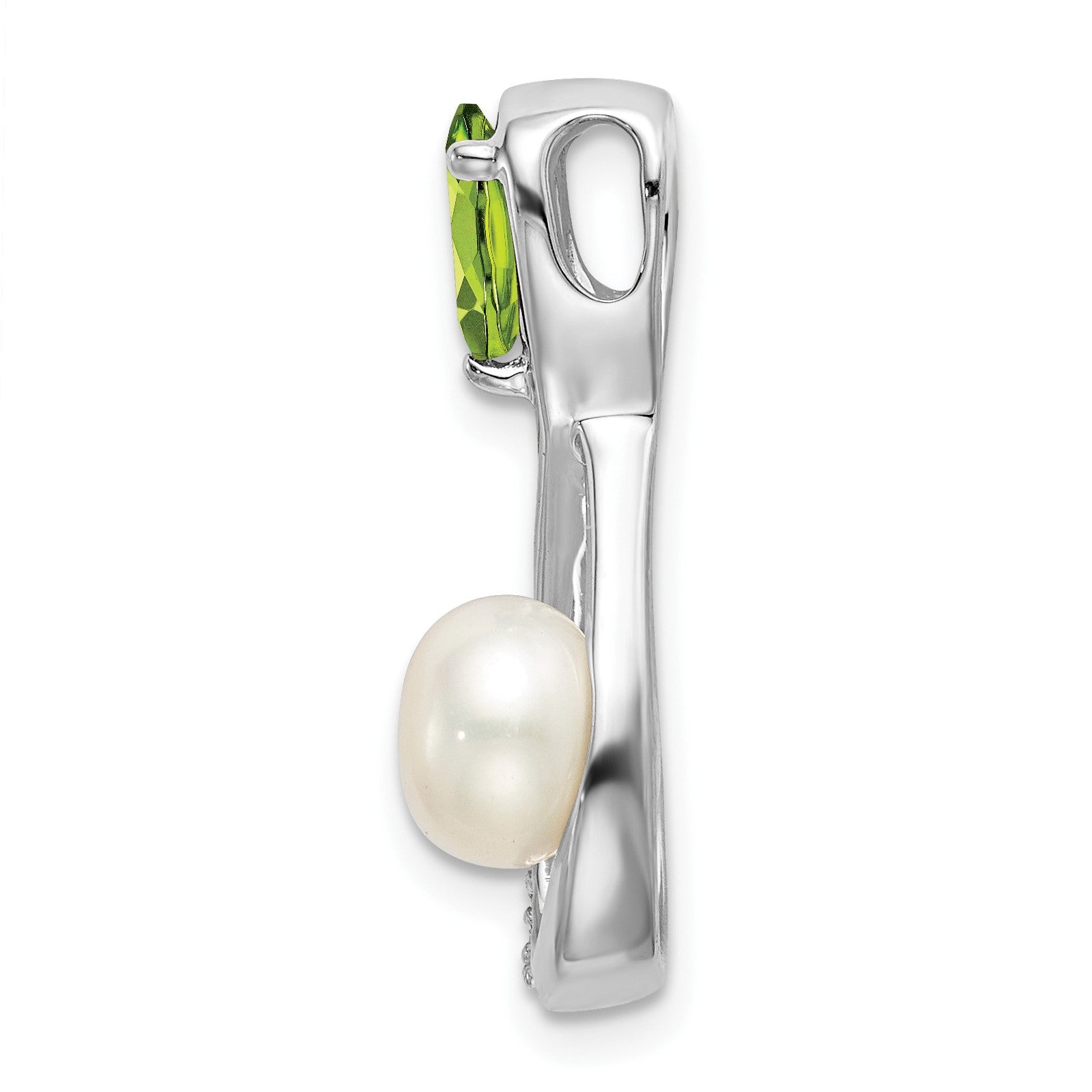 14k White Gold 6x4mm Pear Peridot/Freshwater Cultured Pearl/Diamond Infinity Chain Slide