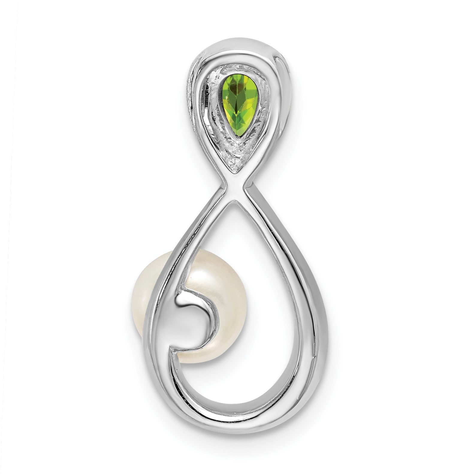 14k White Gold 6x4mm Pear Peridot/Freshwater Cultured Pearl/Diamond Infinity Chain Slide