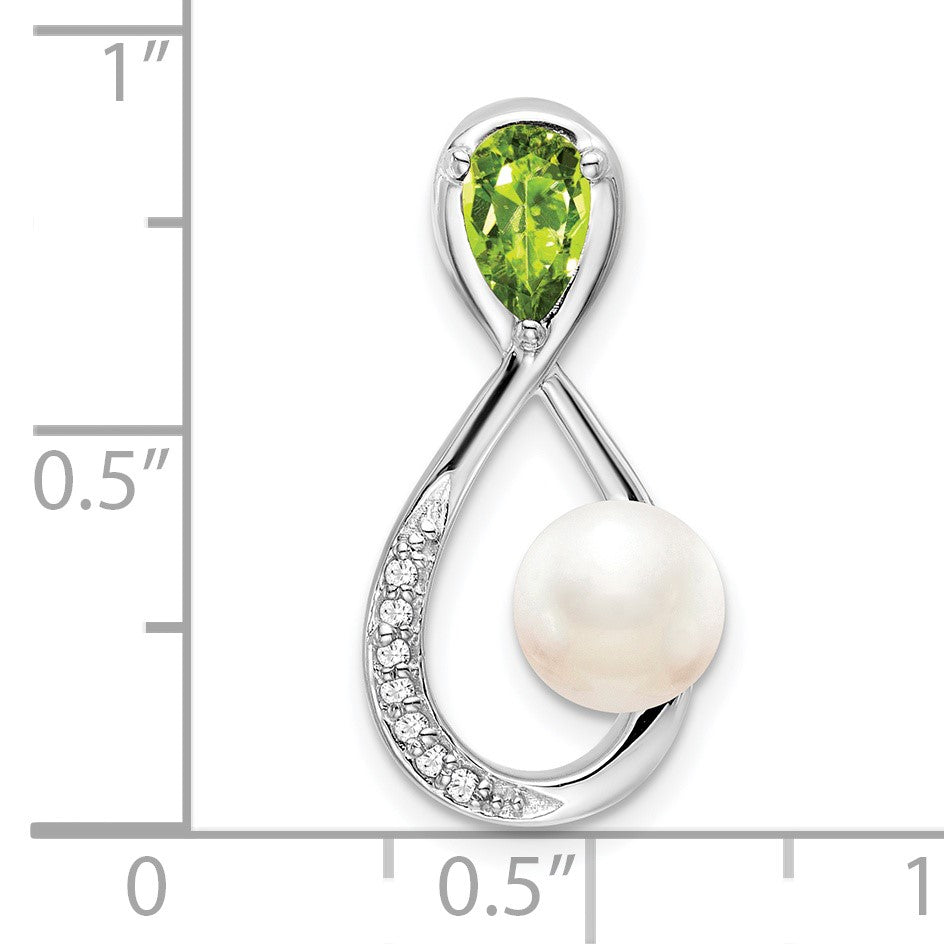 14k White Gold 6x4mm Pear Peridot/Freshwater Cultured Pearl/Diamond Infinity Chain Slide