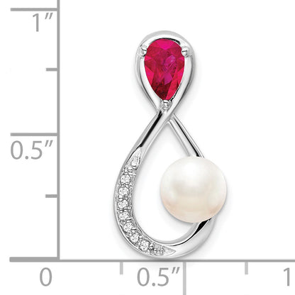14k White Gold Pear Ruby/Freshwater Cultured Pearl/Diamond Infinity Chain Slide