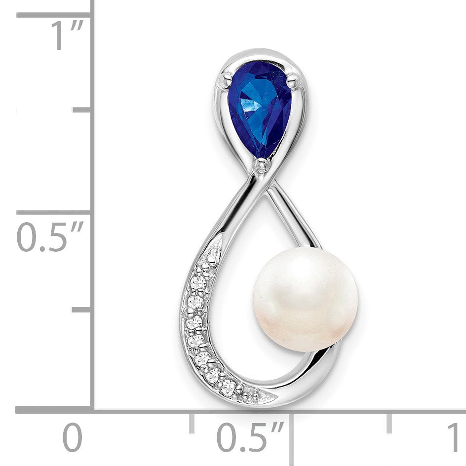 14k White Gold Pear Sapphire/Freshwater Cultured Pearl/Diamond Infinity Chain Slide