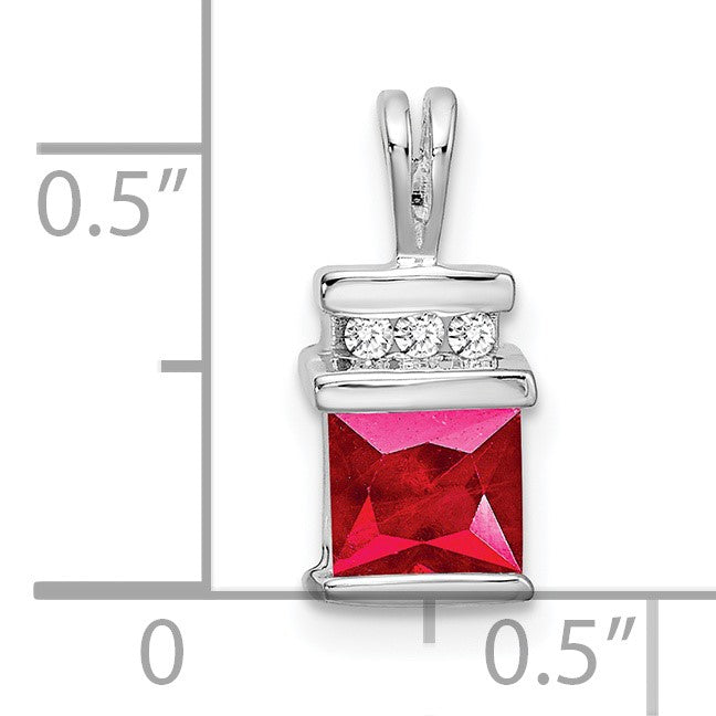 14k White Gold Square Ruby and Diamond Pendant