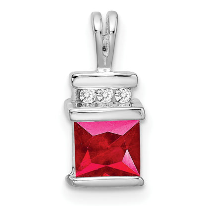 14k White Gold Square Ruby and Diamond Pendant