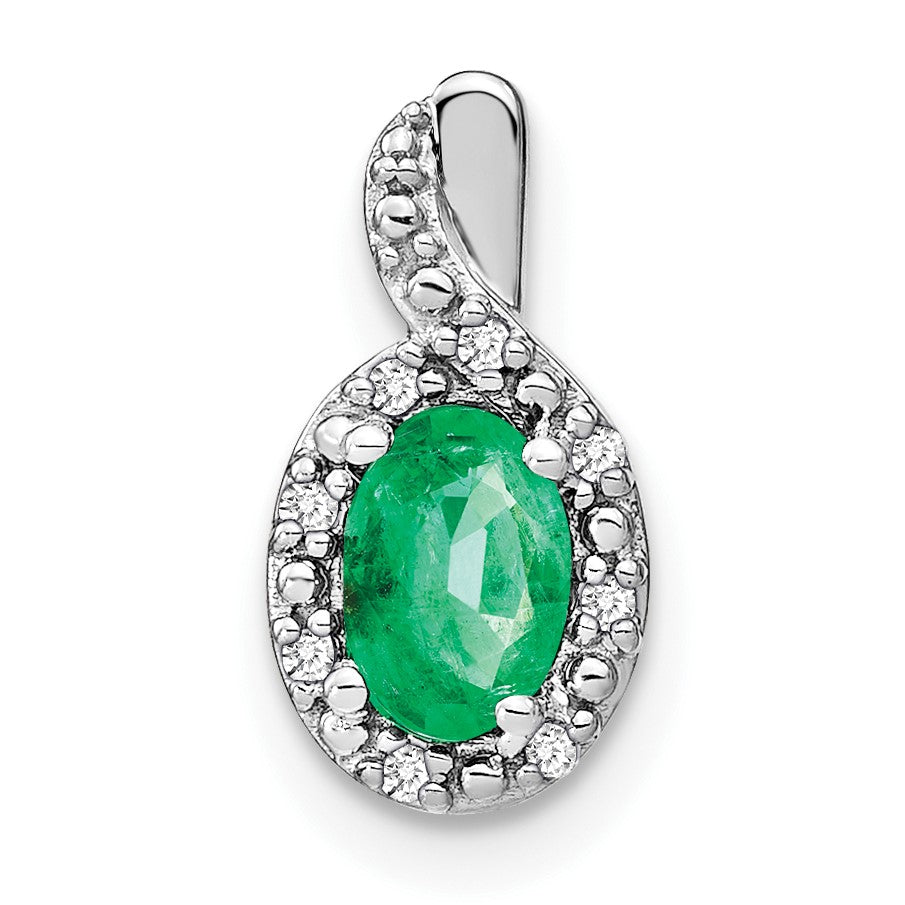 14k White Gold 6x4mm Oval Emerald and Diamond Halo Pendant