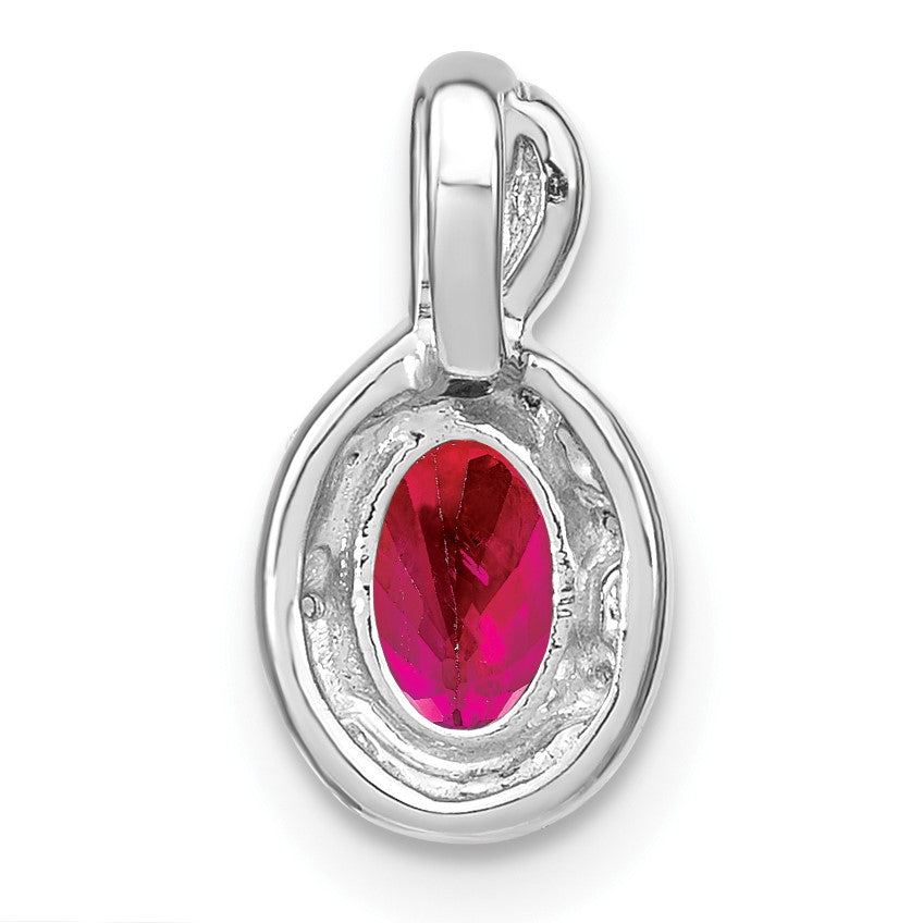 14k White Gold 6x4mm Oval Ruby and Diamond Halo Pendant