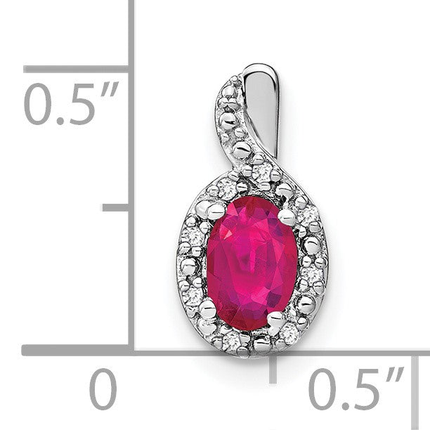 14k White Gold 6x4mm Oval Ruby and Diamond Halo Pendant