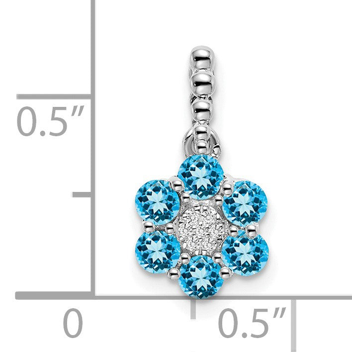 14k White Gold Blue Topaz and Diamond Floral Pendant