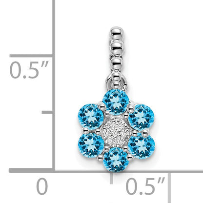 14k White Gold Blue Topaz and Diamond Floral Pendant