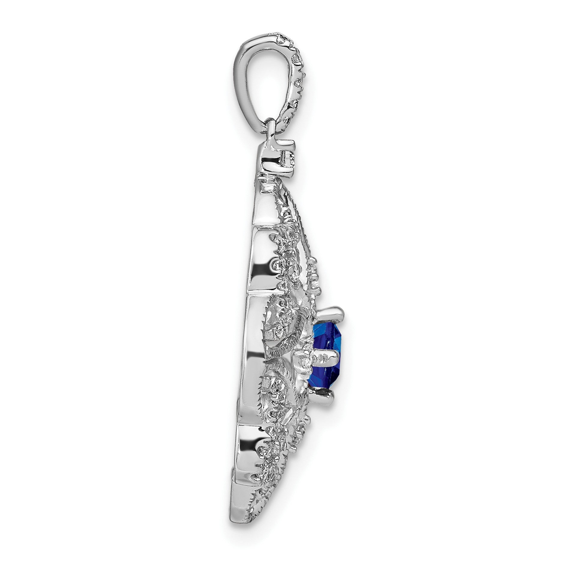 14k White Gold Sapphire and Diamond Vintage Filigree Pendant