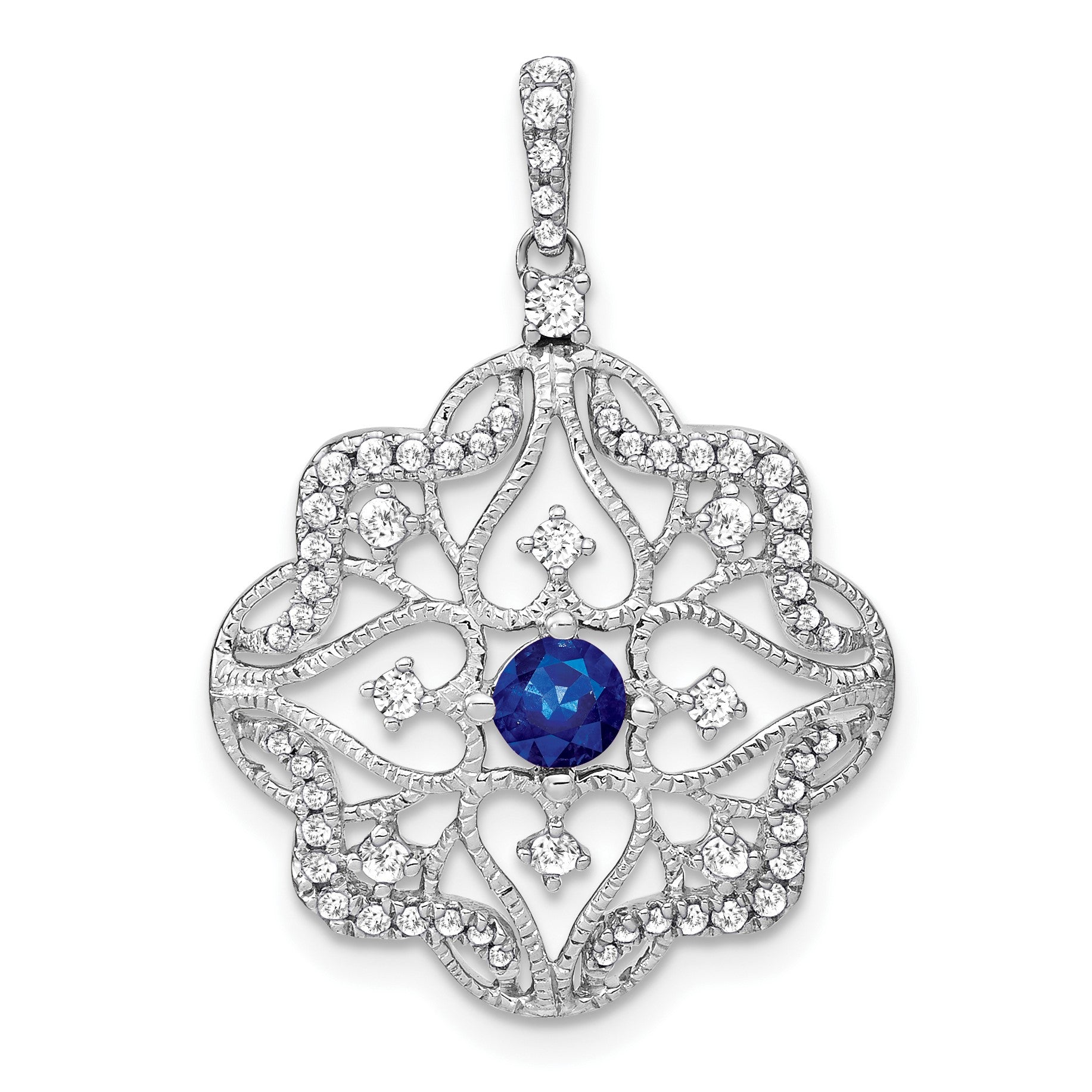 14k White Gold Sapphire and Diamond Vintage Filigree Pendant