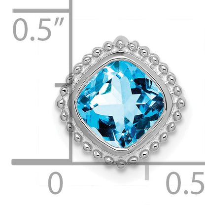 14k White Gold 6.5mm Cushion Blue Topaz Beaded Edge Chain Slide