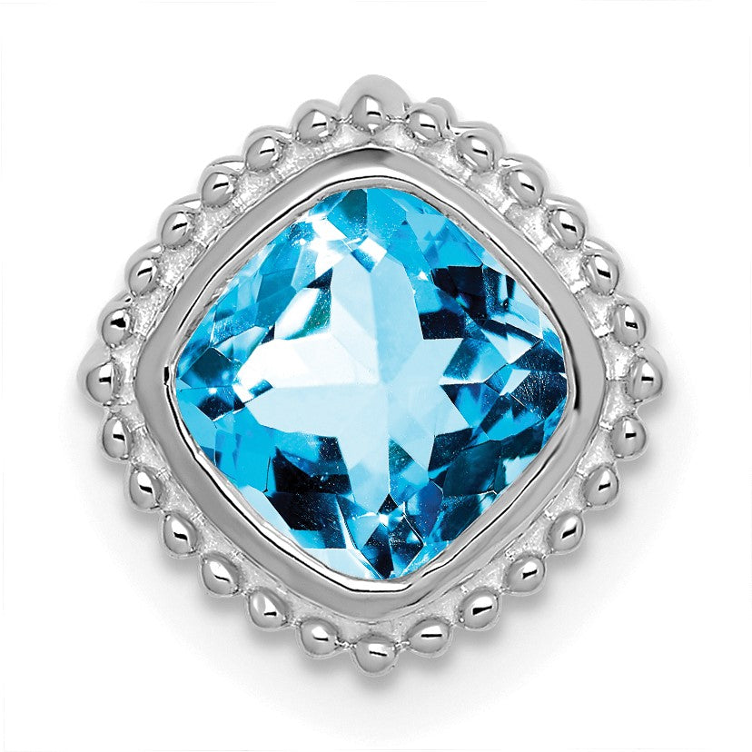 14k White Gold 6.5mm Cushion Blue Topaz Beaded Edge Chain Slide