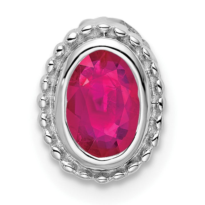 14k White Gold Oval Ruby Beaded Edge Chain Slide
