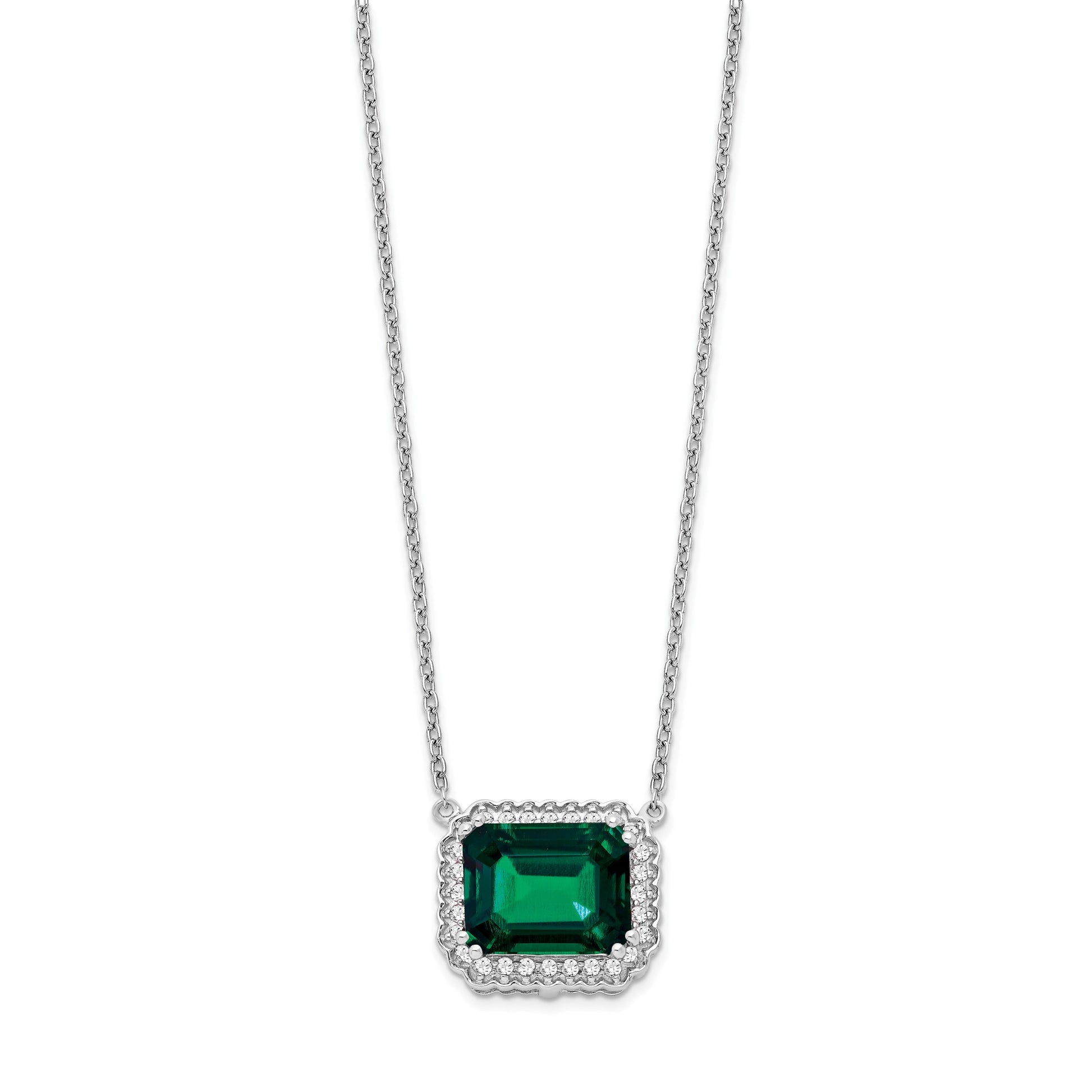 14k White Gold Octagon Lab Created Emerald and Diamond East-West Halo 18 inch Necklace