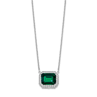 14k White Gold Octagon Lab Created Emerald and Diamond East-West Halo 18 inch Necklace