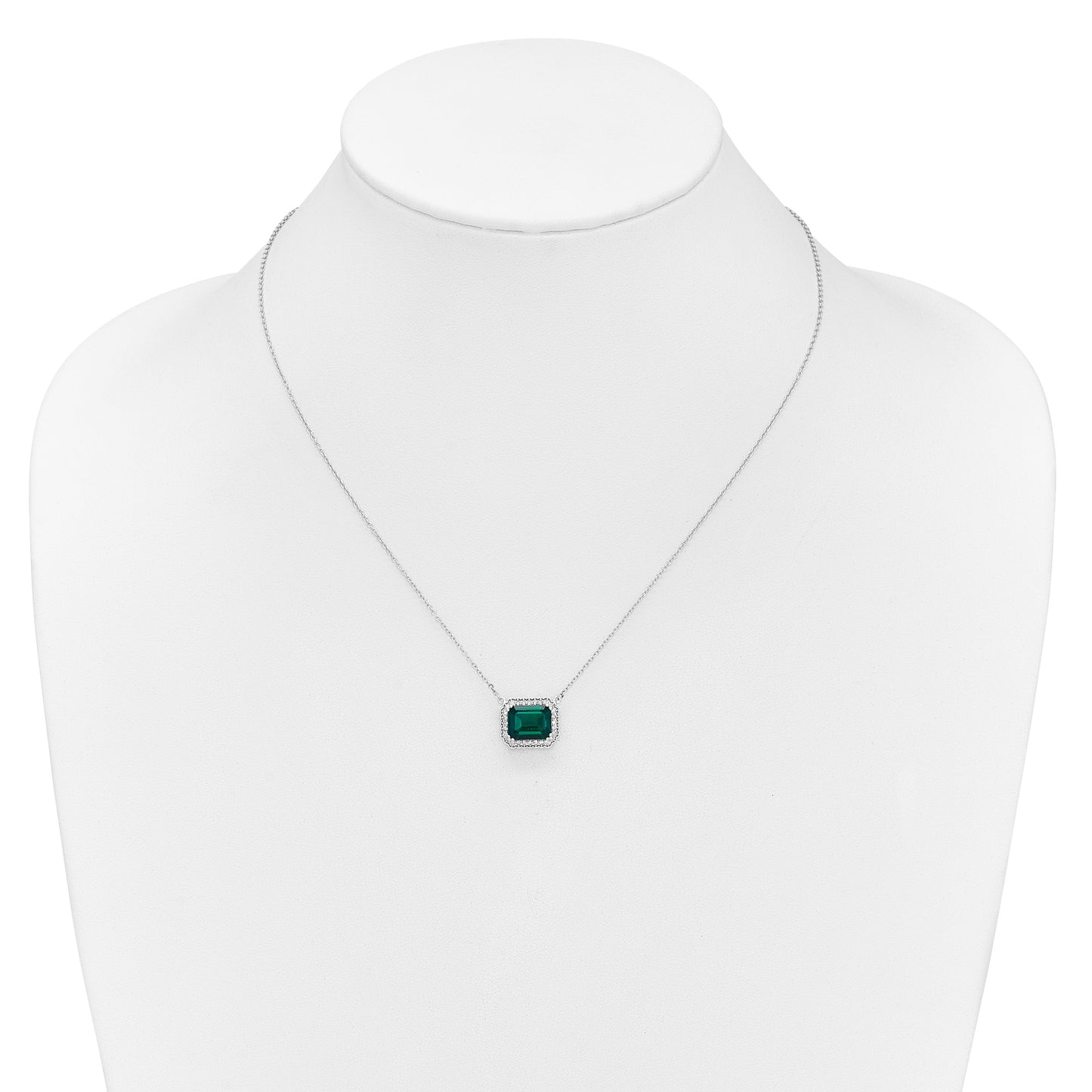 14k White Gold Octagon Lab Created Emerald and Diamond East-West Halo 18 inch Necklace