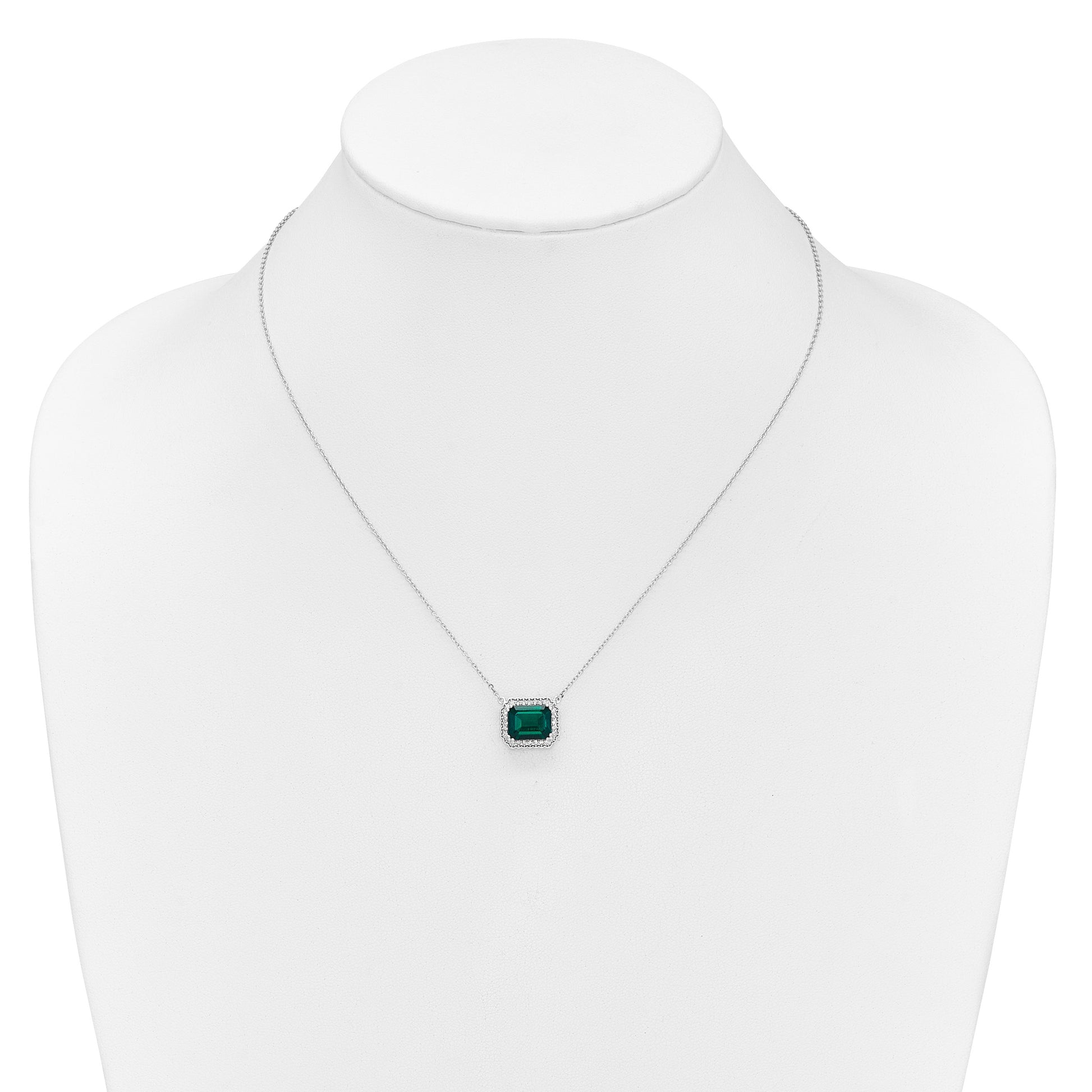 14k White Gold Octagon Lab Created Emerald and Diamond East-West Halo 18 inch Necklace