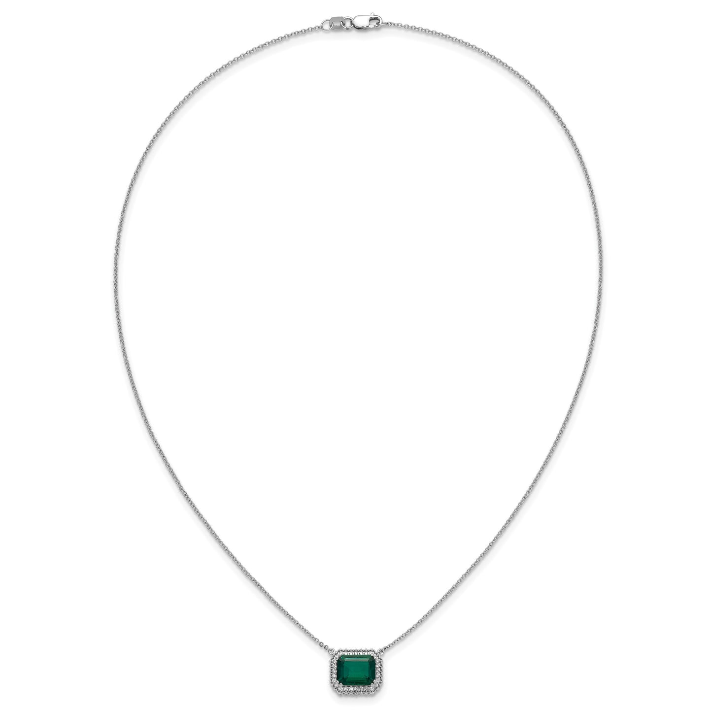 14k White Gold Octagon Lab Created Emerald and Diamond East-West Halo 18 inch Necklace