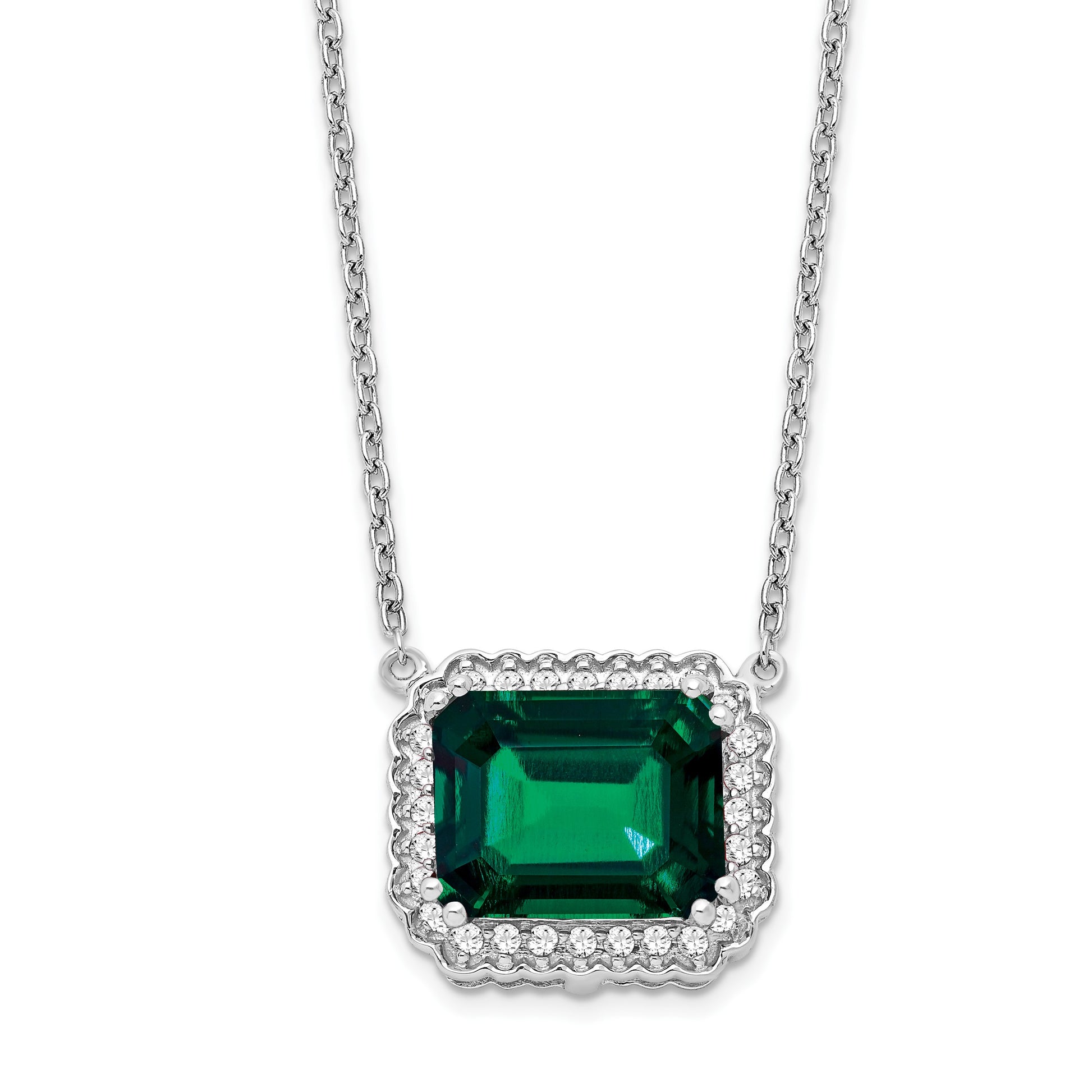 14k White Gold Octagon Lab Created Emerald and Diamond East-West Halo 18 inch Necklace