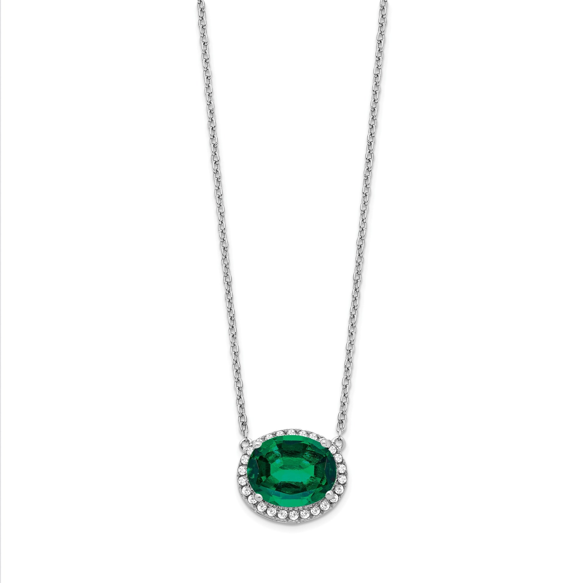 14k White Gold 10x8mm Oval Lab Created Emerald and Diamond Halo East-West 18 inch Necklace