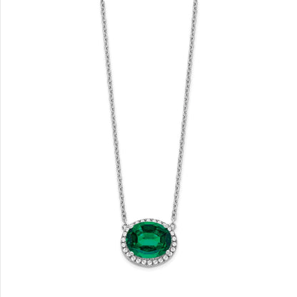 14k White Gold 10x8mm Oval Lab Created Emerald and Diamond Halo East-West 18 inch Necklace