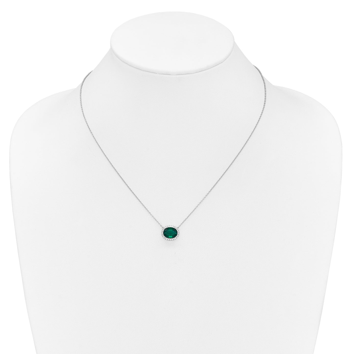 14k White Gold 10x8mm Oval Lab Created Emerald and Diamond Halo East-West 18 inch Necklace