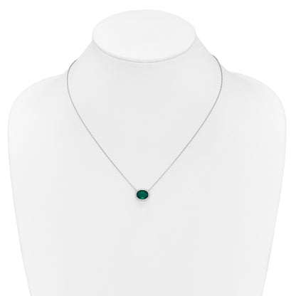 14k White Gold 10x8mm Oval Lab Created Emerald and Diamond Halo East-West 18 inch Necklace