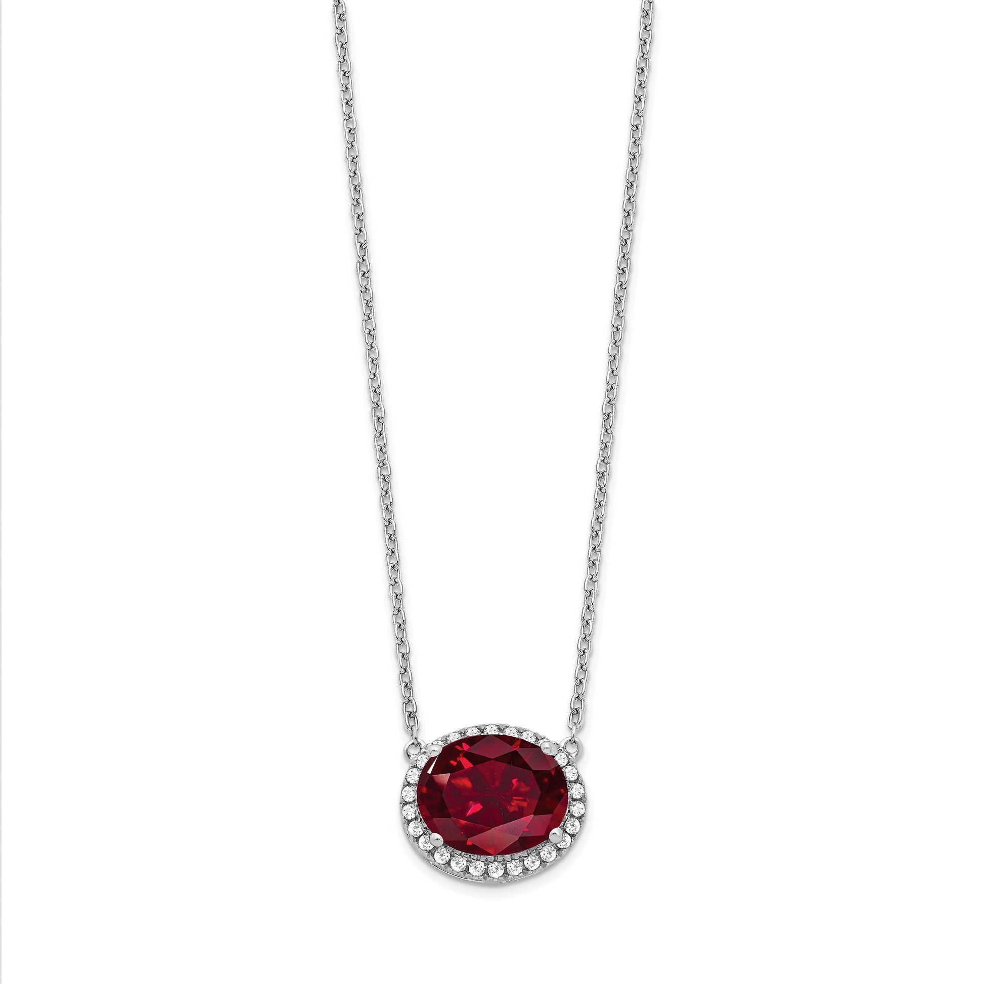 14k White Gold 10x8mm Oval Lab Created Ruby and Diamond Halo East-West 18 inch Necklace