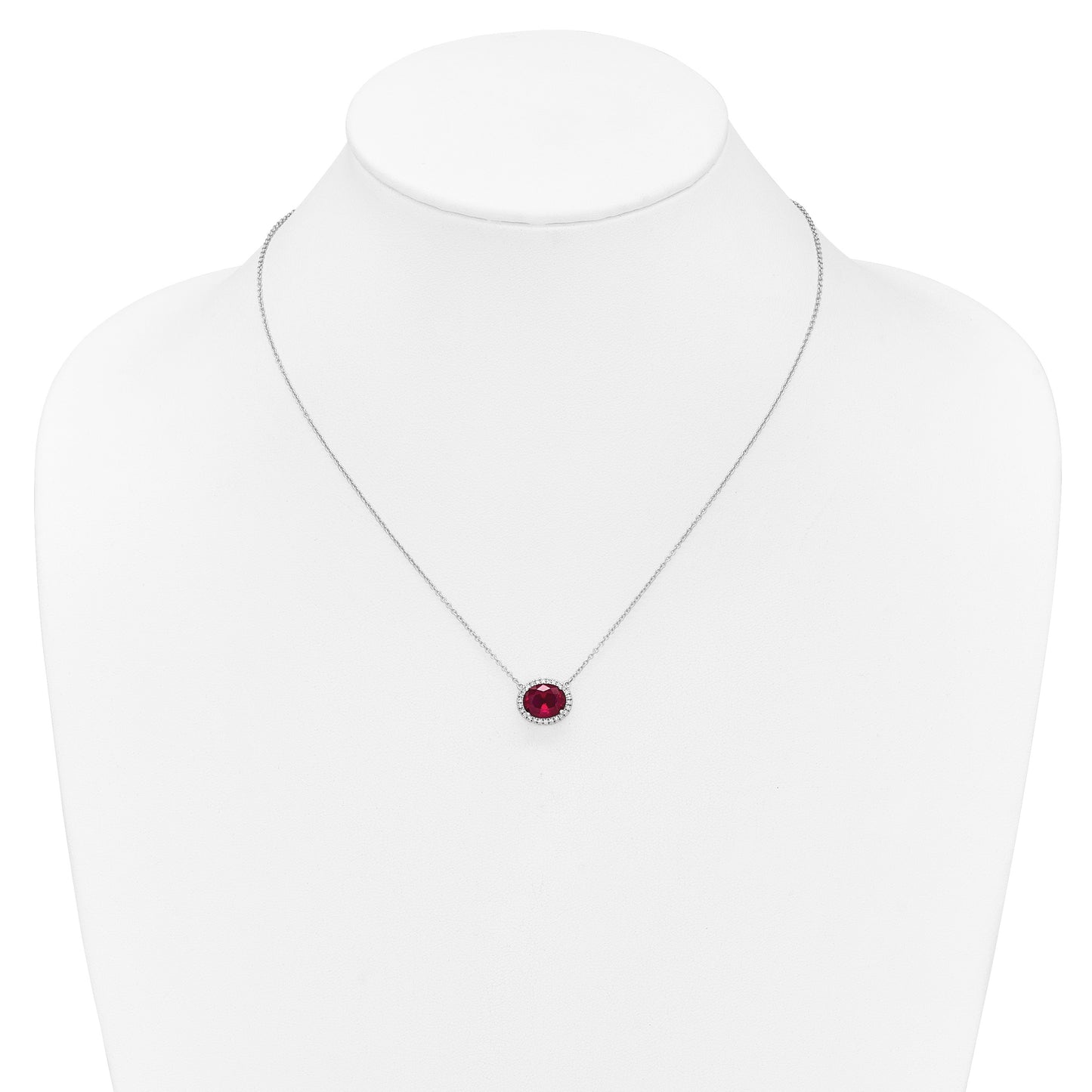 14k White Gold 10x8mm Oval Lab Created Ruby and Diamond Halo East-West 18 inch Necklace