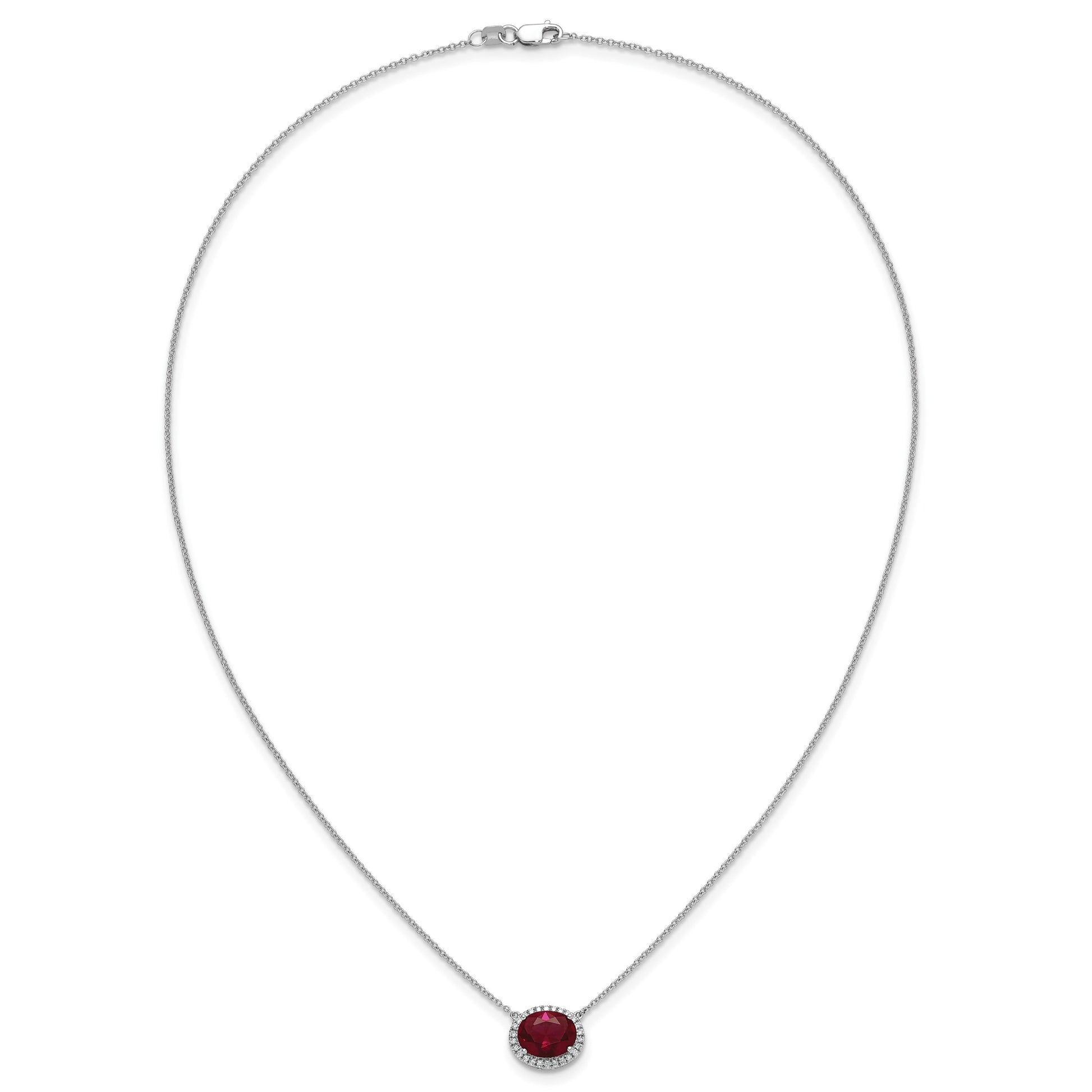 14k White Gold 10x8mm Oval Lab Created Ruby and Diamond Halo East-West 18 inch Necklace