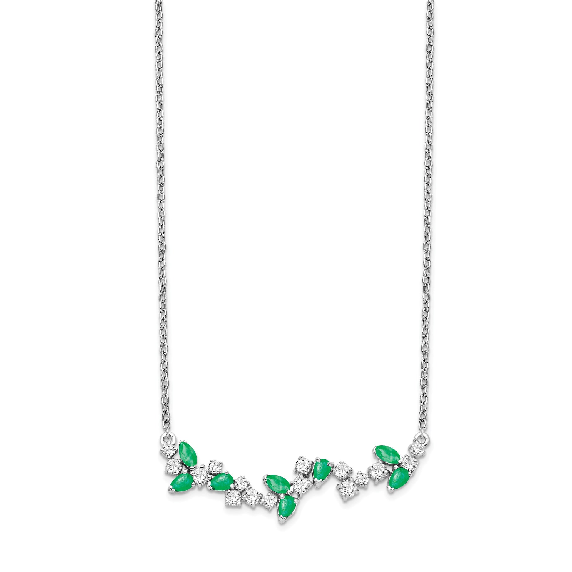 14k White Gold Marquise Emerald and Diamond 18 inch Floral Bar Necklace
