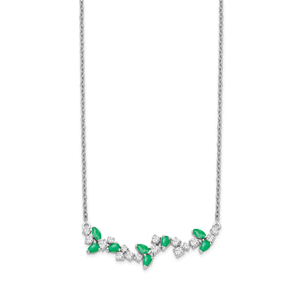 14k White Gold Marquise Emerald and Diamond 18 inch Floral Bar Necklace