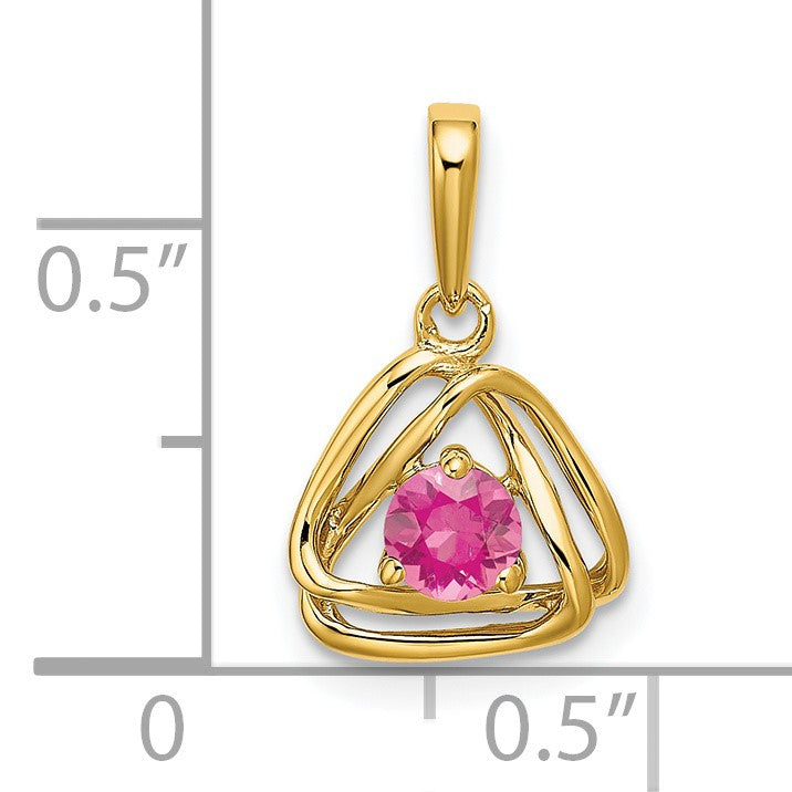 14k 4mm Round October/Pink Tourmaline Triangle Pendant