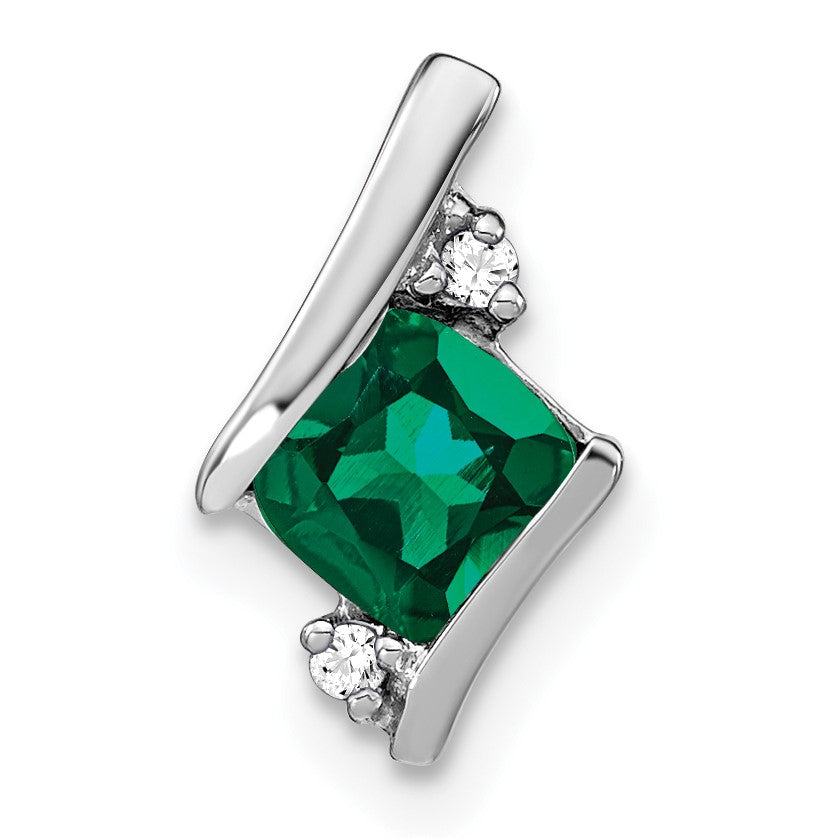 Sterling Silver Antique Cushion Cr. Emerald and Diamond Pendant