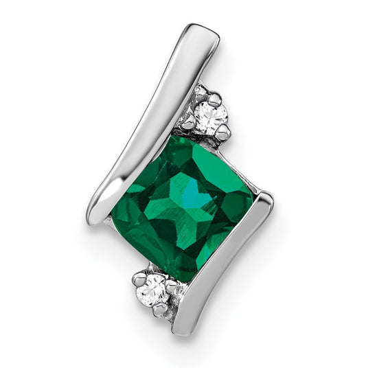 14k White Gold 7mm Cushion May/Lab Created Emerald and Diamond Chain Slide